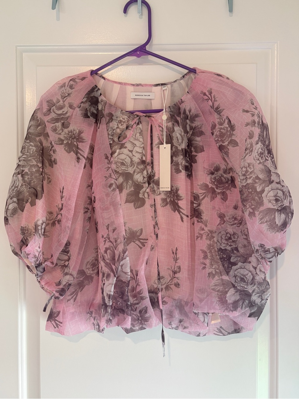 NWT $390 Rebecca Taylor Pink Floral Silk Bubble Hem Blouse Size M